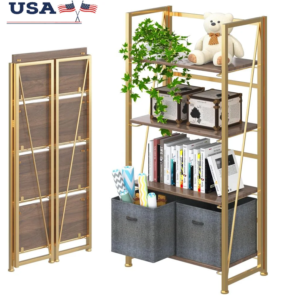 Folding Bookshelf Storage Shelves 4 Tiers Vintage Bookcase Study Organizer Home Office Brown Gold Industrial Design Order Space