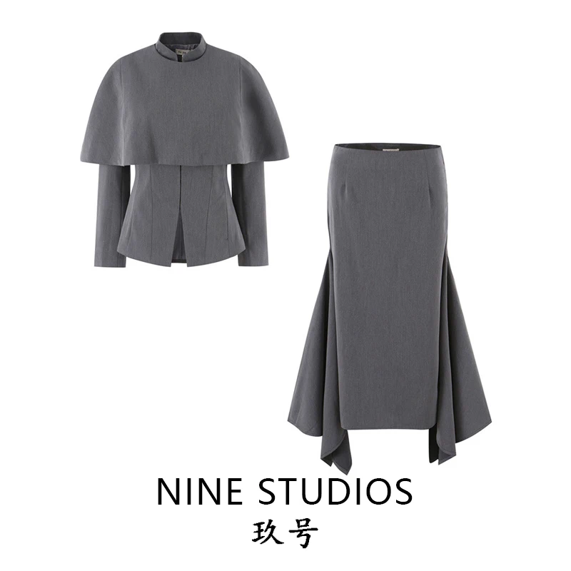 Nine Zar Women's Fashion Set Removable Shoulder Shawl Slim Fit Suit Coat Irregular Fish Tail Skirt Three Piece Winter Outfit