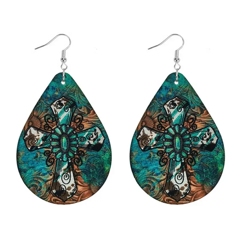 Wild West Teardrop Cross Earrings for Women PU Leather Teardrop Gemstone Print Indian Hat Cowgirl Jewelry Cheaper Wholesale