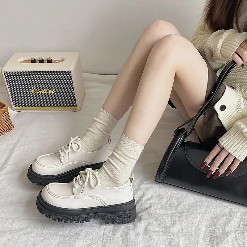 

​2025 New Vintage Black Thick Bottom Loafer for Women Lace Up Academic Style Shoes Fashion Platform Casual Loafers​