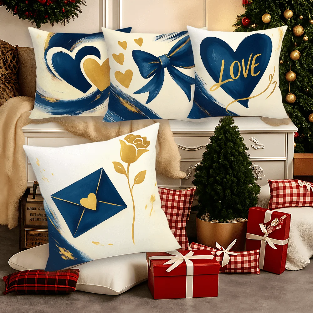 4pcs Retro heart-themed Single-sided printing Short plush Suitable for living rooms bedrooms sofas (excluding pillow cores)