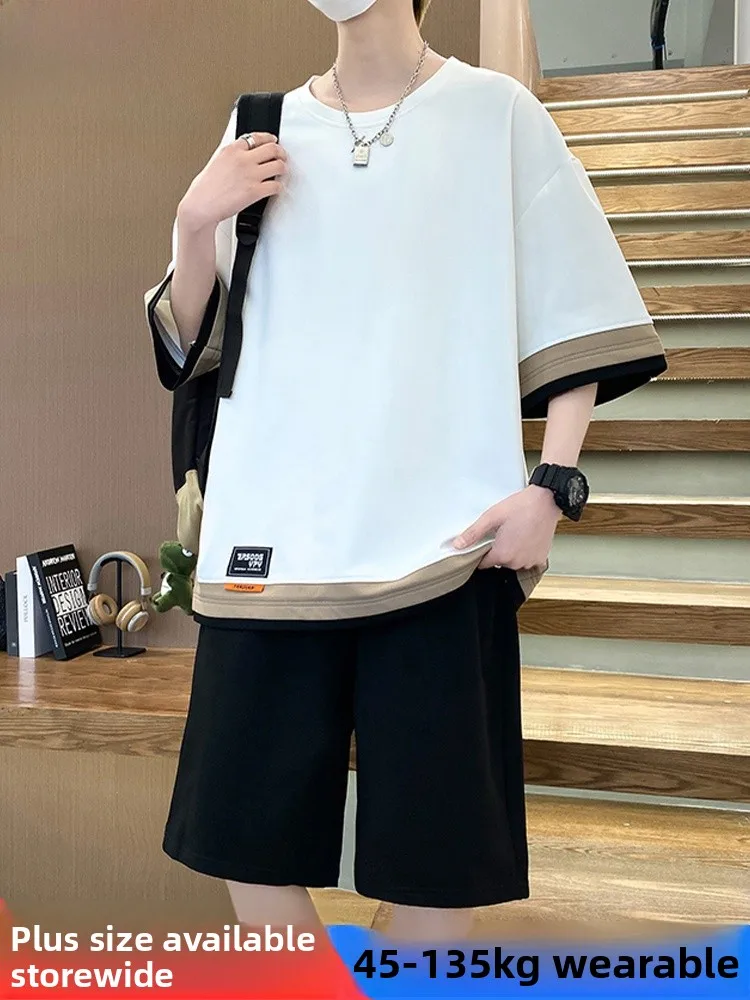 

Mo Cha Модный повседневный спортивный комплект большого размера для мужчин Лето Новый свободный универсальный Fat ort Sve orts Комплект из двух предметов из полиэфирного волокна