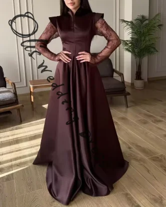 

customized Elegant Long Sleeves Prom Dresses High Neck Floor Length Pleated Lace Party Dresses Evening Dresses