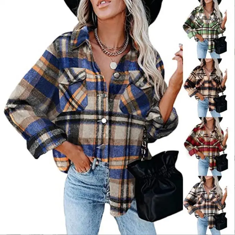 

Loose Long Sve Plaid irt Women's Autumn Winter Woolen Coat with ket Button up Ele Faion Ladies' Blouse