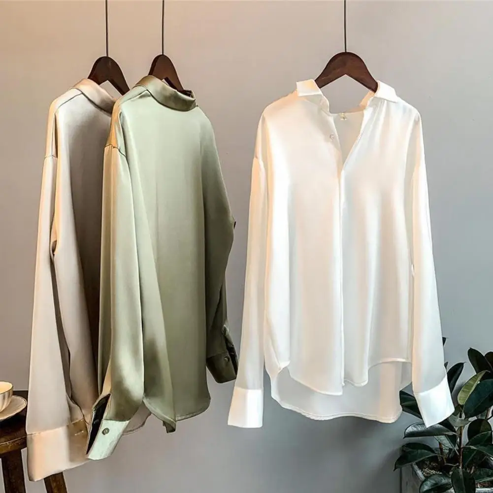 

Elegant Office Silk Shirts Women Korean Fashion Clothes Sexy Ladies Tops White Slim Streetwear Long Sleeve Chiffon Blouses