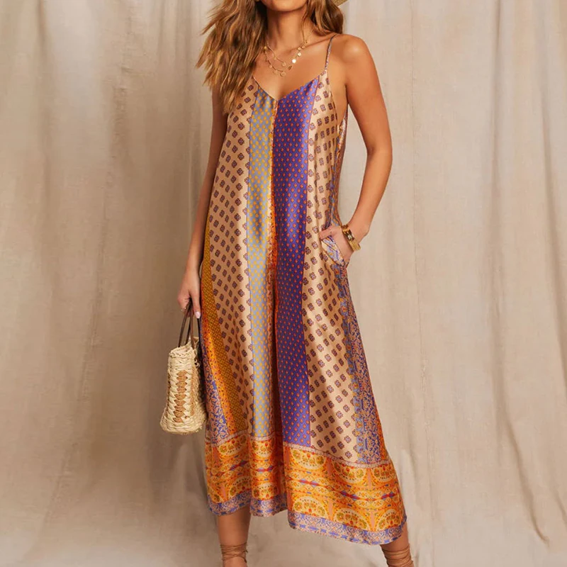 

Satin Pattern Printed Loose Playsuit Summer Hollow Out Sleeveless Camisole Women Jumpsuit New 2025 Bohemian Beach Casual Romper