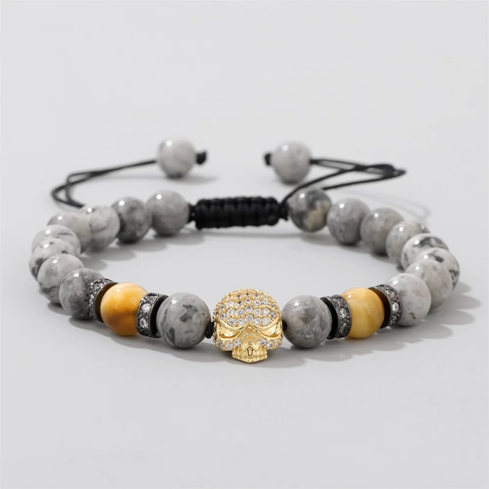 Natural Map Stone Round Beads Bracelet 8mm Gray Picasso Beaded Skull Braided Bracelets for Women Men Energy Jewelry Gift