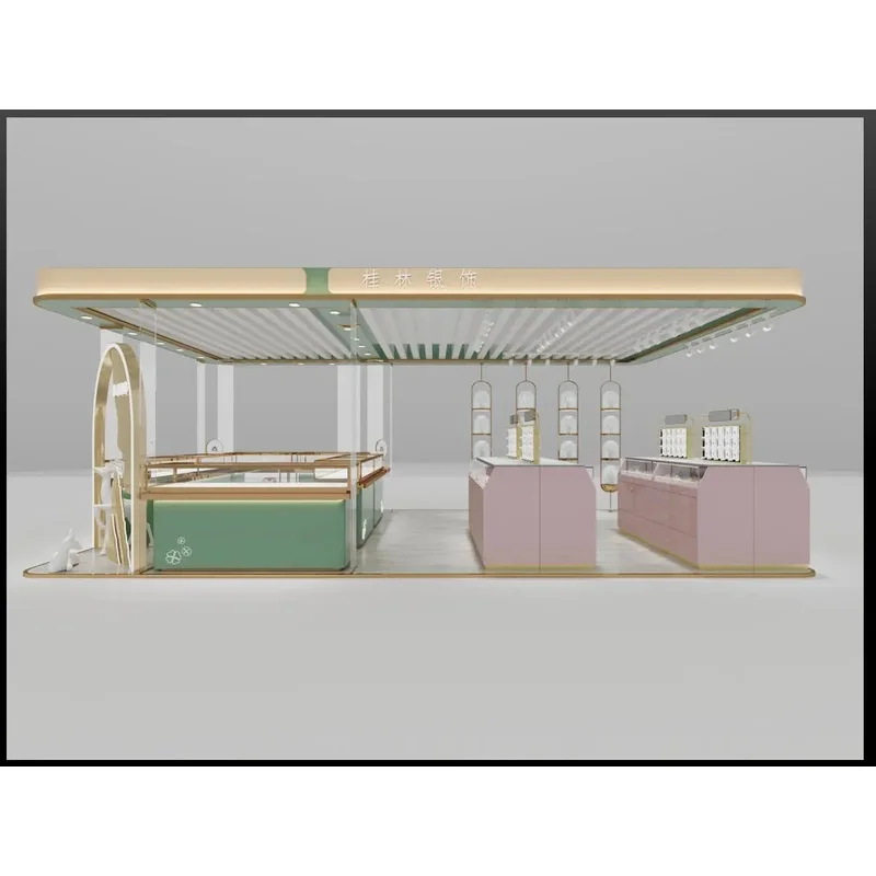 custom.Pink Stainless Steel Tempered Glass LED Lighting Jewelry Showcase Lockable Heavy Duty Mirror Back Luxury Retail Display
