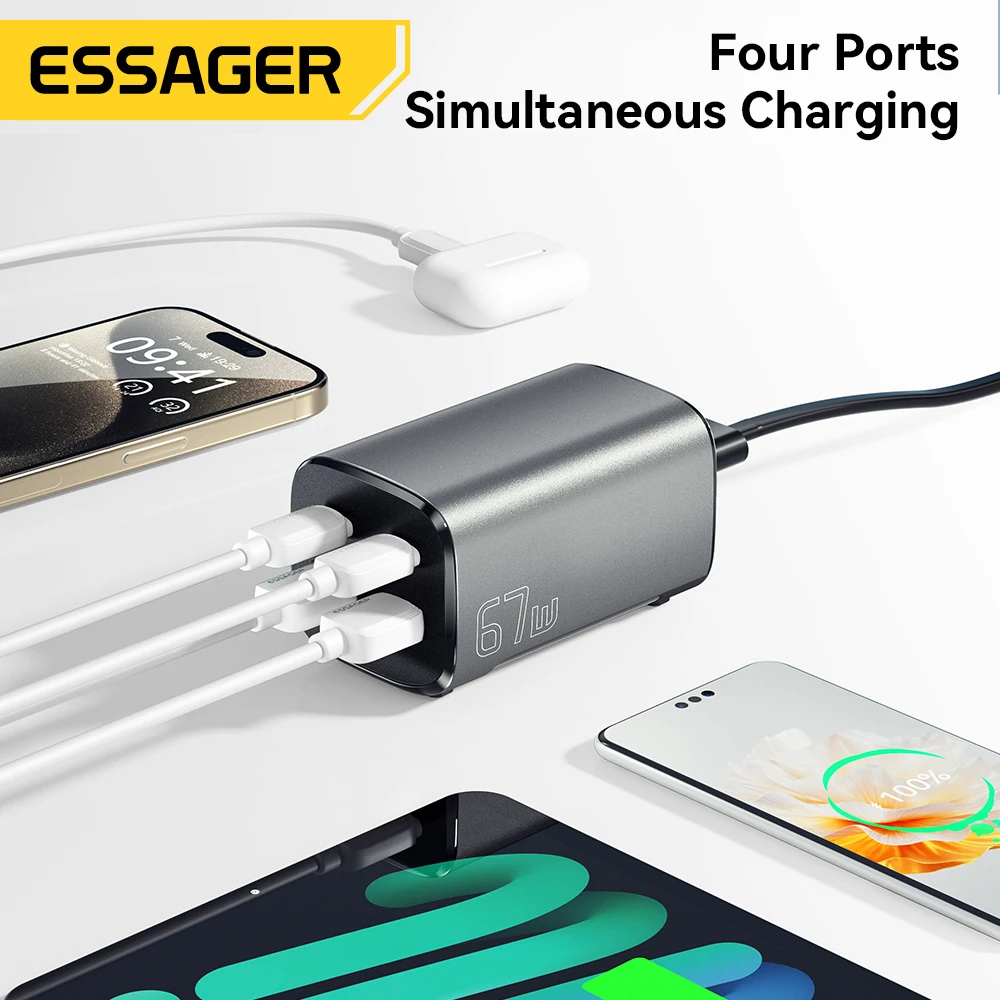 Essager 데스크탑 고속 충전 4.0, QC 3.0, PD C타입, 맥북, 삼성 POPC, 아이폰 15 노트북용, 67W USB C GaN 충전기