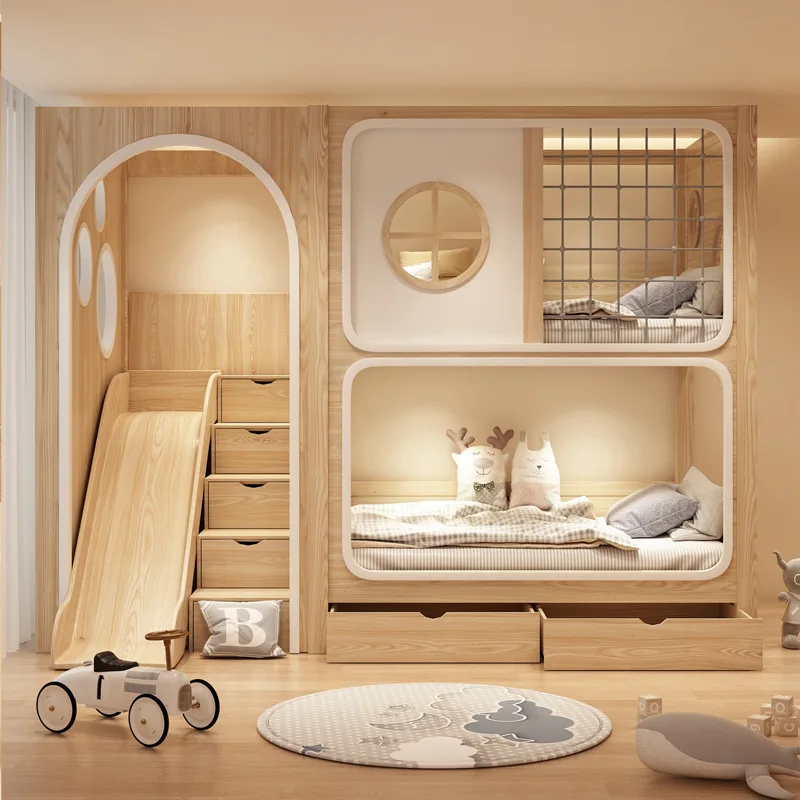 Massivholz-Wachsöl-Kinder-Etagenbett für Mädchen, Prinzessinnen-Hoch- und Tiefbett, Mutter-Kind-Bett