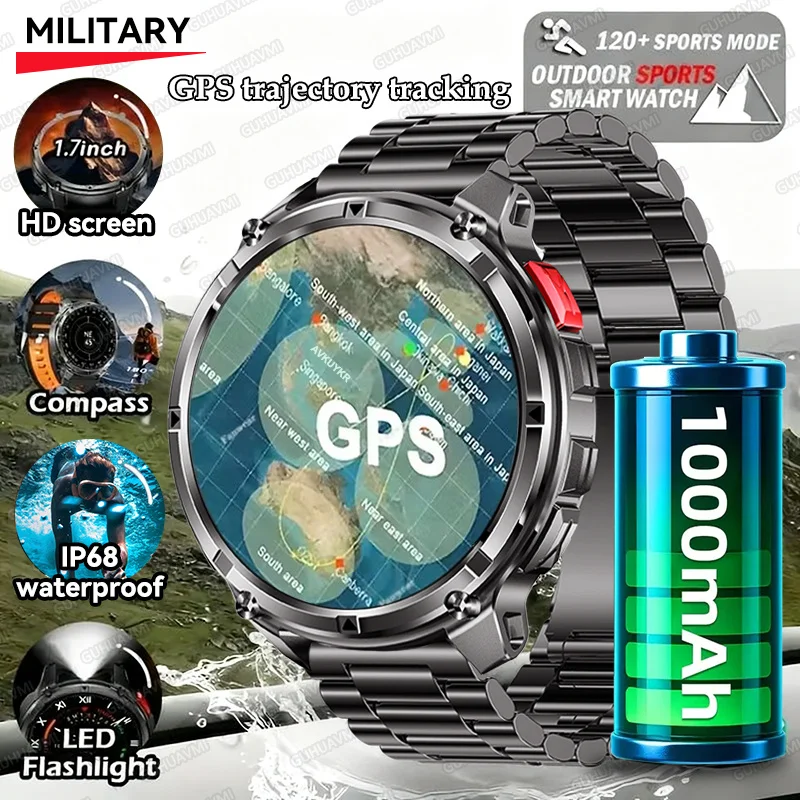 

New Military 1100mAh Ultra Big Battery Smart Watch Built in Compass IP68 Waterproof Sport Tracker Outdoors Flashlight Smartwatch
