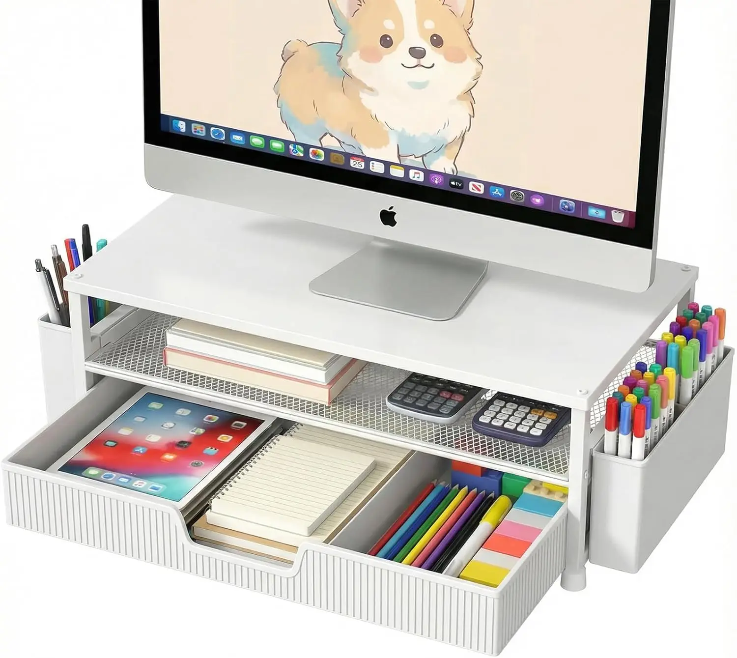 

Desk Organizer and Accessories, 2-Tier Computer Monitor Stand Rise with Storage Drawer & 2 Pen Holders, Laptop & Printer Stan