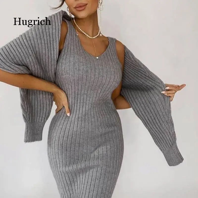 Autumn and Winter New Celebrity Temperament Shawl Cashmere Jacket Female Knitted Pure Desire V-neck Sling Dress Two-piece Suit
