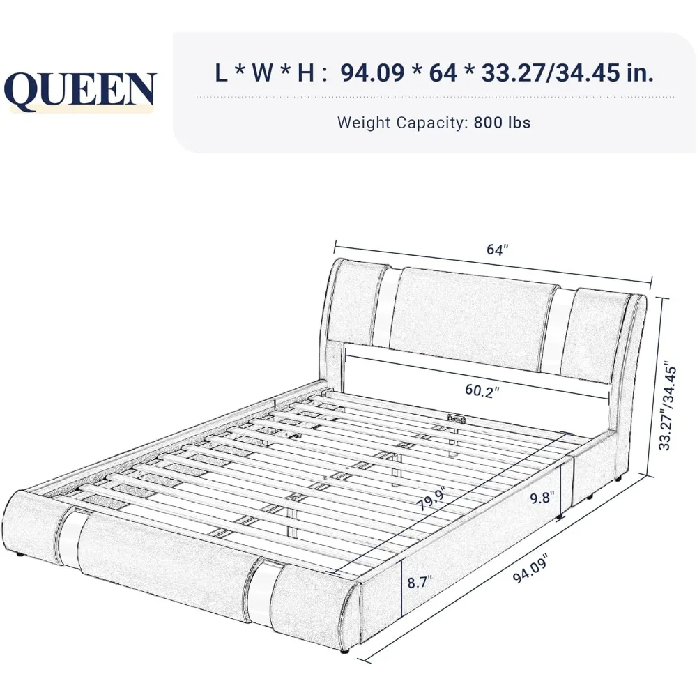 Allewie Queen/King Bed Frame with Iron Piece Decor, Faux Leather Upholstered Platform Bed with Adjustable Headboard