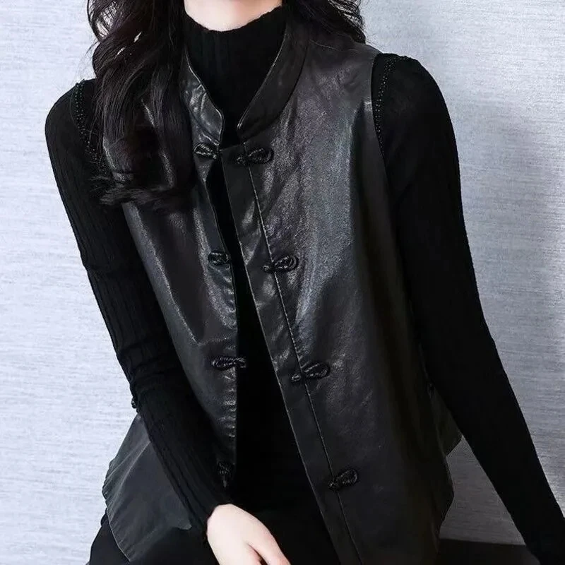 Leather Vest Jacket For Women 2025 New Chinese Style Retro Black Sleeveless PU Coat Ladies Single Breasted Cardigan Waistcoat