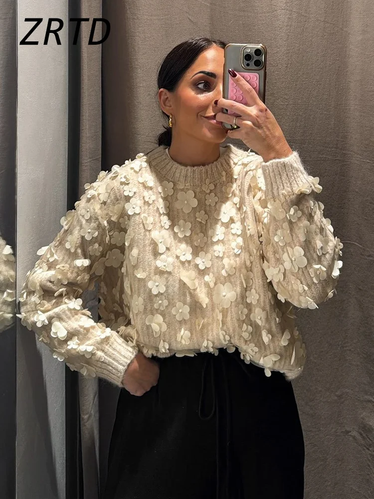 Elegant Women\'s Lace 3D Flower Sweater Casual Knit O Neck Full Sleeve Female Pullover 2024 Autumn Lady Fashion Solid Knitwear