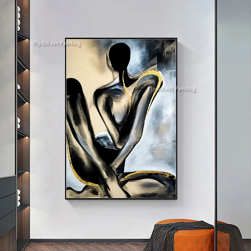Black And Grey Large Sexy Abstract Women Oil Painting On Canvas Handmade Gold Foil People's Body Wall Art Decor For Bedroom