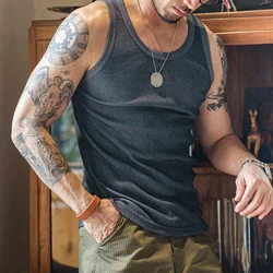 Maden Men's Retro Solid Color Slim Fit Sleeveless Vest T-Shirt Sports Fitness Threaded Inner Bottoming Shirt for Summer Tank Top