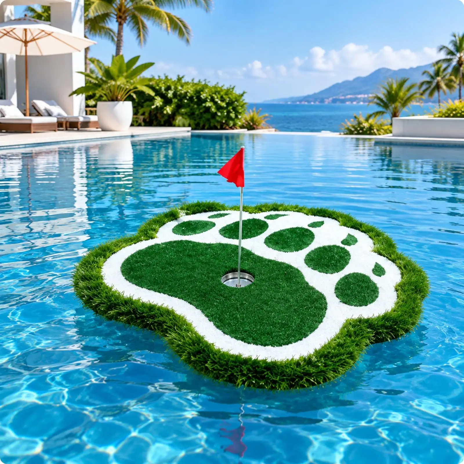 Water Floating Golf Putting Mat with Animal Paw Pattern for Outdoor Poolside Entertainment