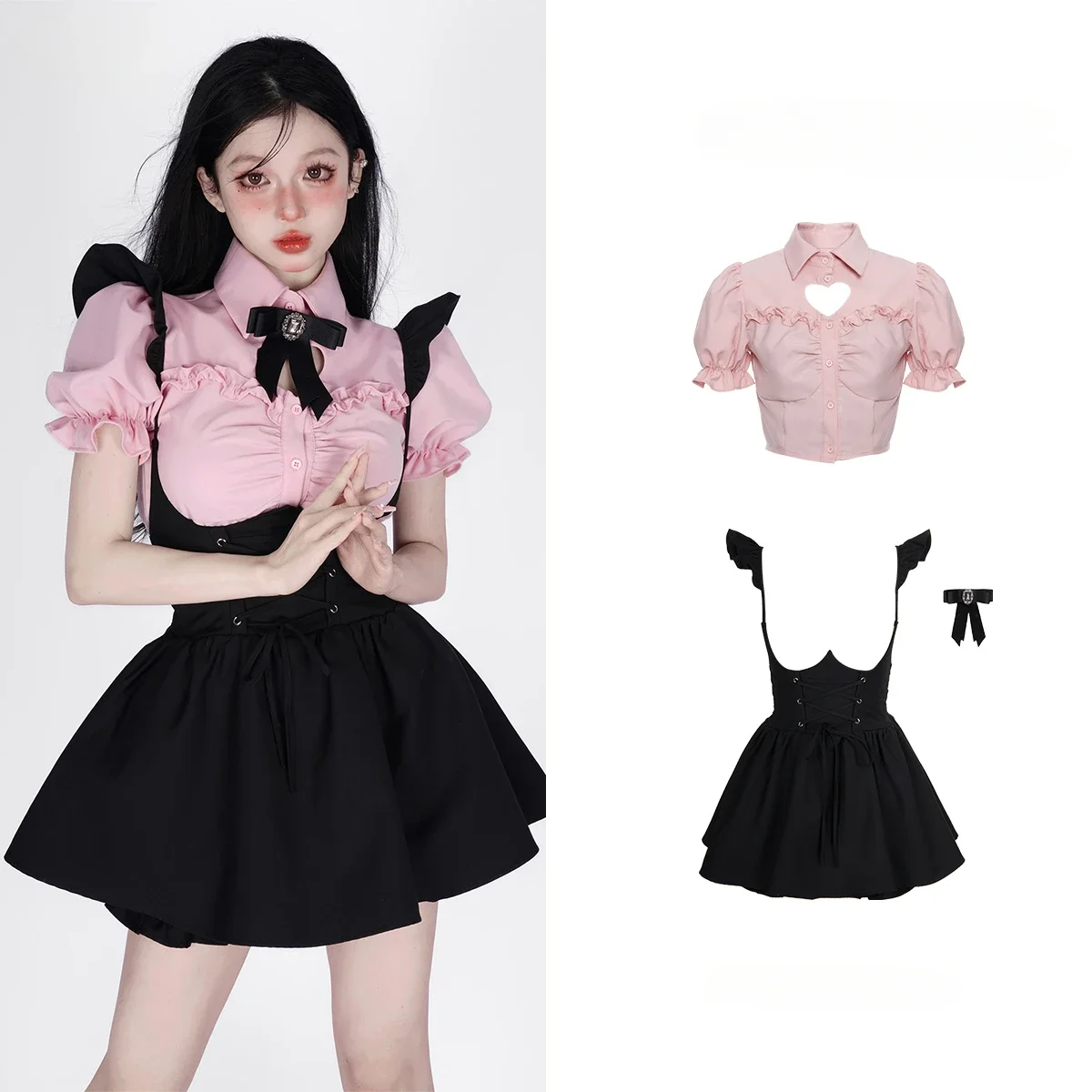 Summer Kawaii Clothing Pink Y2k Crop Tops Blouse + Black Mini Dress Two Piece Set for Women Casual Bodycon Korean Suit Chic