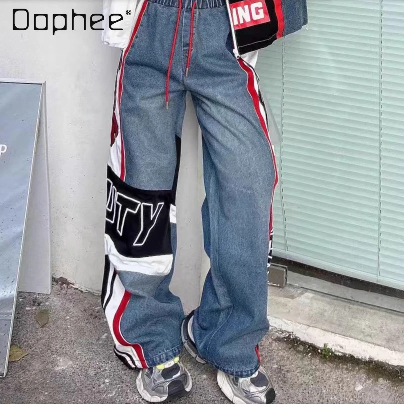 

Motorcycle Jeans for Women 2026 Spring New Heavy-duty Letter Embroidery Color-blocking Elastic Waist Trendy Brand Long Pants