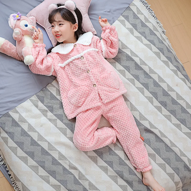 2 Teile/satz kinder winter gepolsterte und verdickte warme pyjamas einfarbig strickjacke mädchen homewear waschlappen lange ärmeln lange pfanne