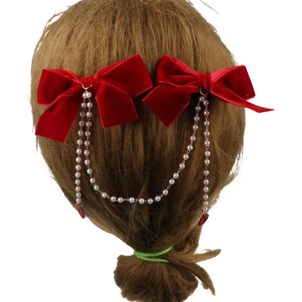 Sweet Tassel Bowknot Hair Clip Pearl Chain Korean Style Bow Tassel Hairpin Ponytail Clip Headwear Ribbon Bow Barrettes New Year