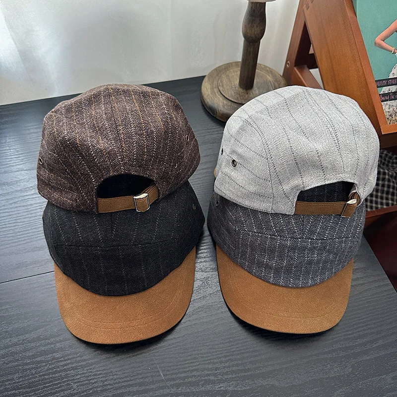 New Casual Retro Striped Unisex Peaked Hat Autumn and Winter Niche Suede Stitching Woolen Warm British Baseball Caps Gorras
