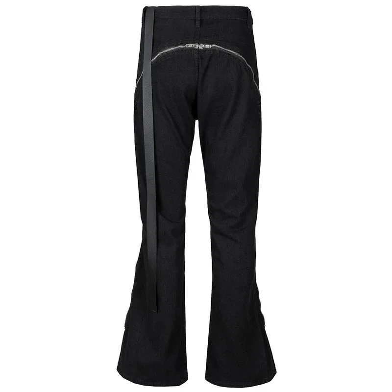 【Mirrordust】Fashion Flared Jeans Double Zippers Long Ribbons Black Denim Pants Men's Streetwear Harajuku Hipster Jeans