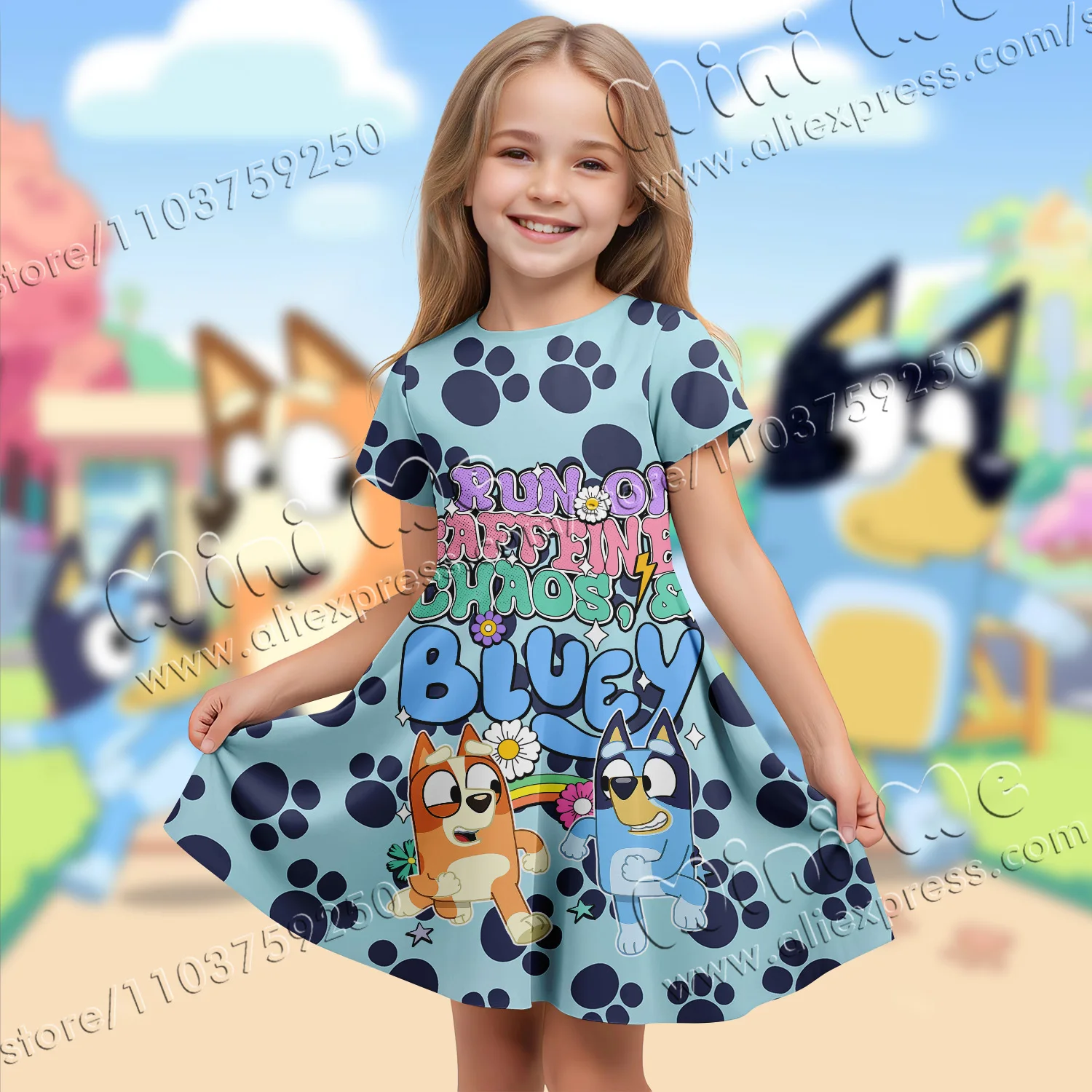 MINISO Authorized Sequins 3d Printing Bluey Halloween Elegant Dresses Girl Clothes  Dress Holiday Dress 2024 Children