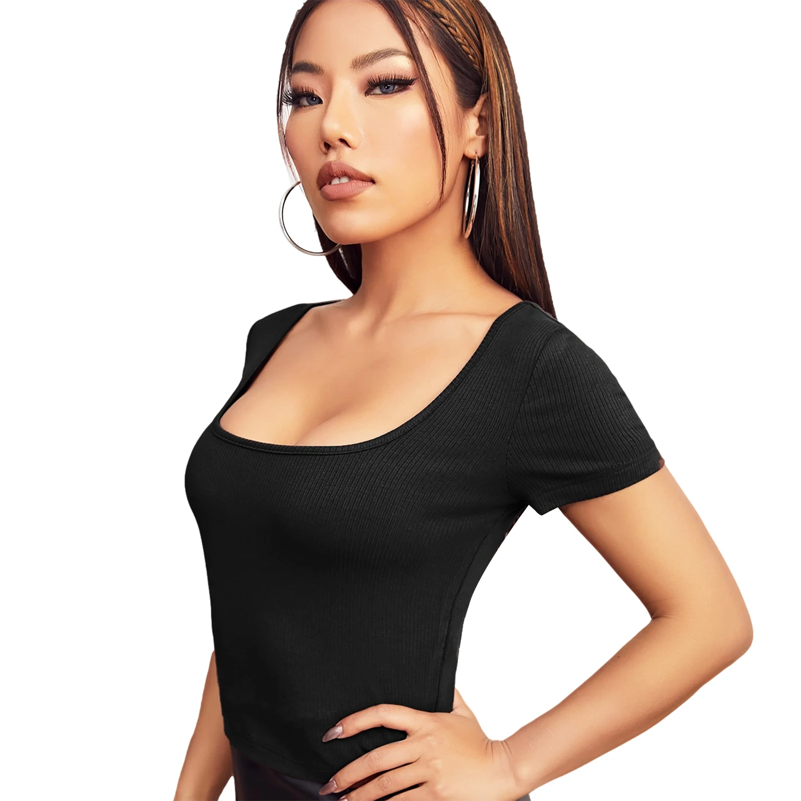 Women's Short Cap Sleeve Tops Square Neck Rib Knit Top Slim Fit for Ladies Elegant Square Neck Tee Top Cap Sleeve