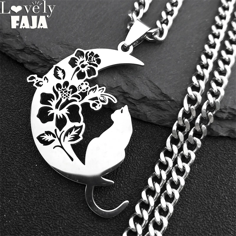 Wicca Moon Crescent Flower Cat Necklace for Men Stainless Steel Hollow Pendant Necklaces Women Accessories Jewelry Gift N3220S03