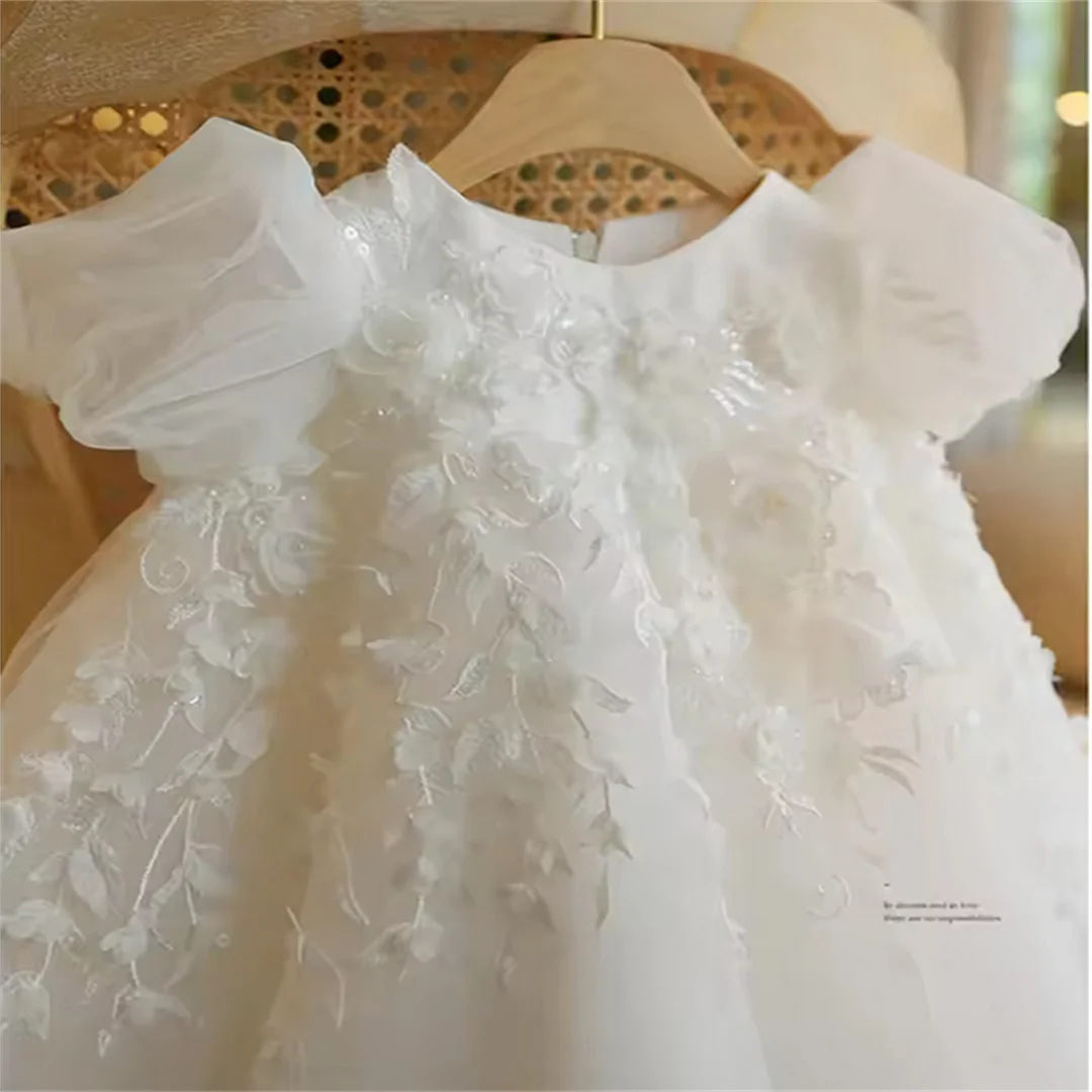 White Tulle Flower Girl Dresses For Wedding Applique Puffy With Bow Cute Kids Baby Pageant Birthday Party Dress Ball Gowns