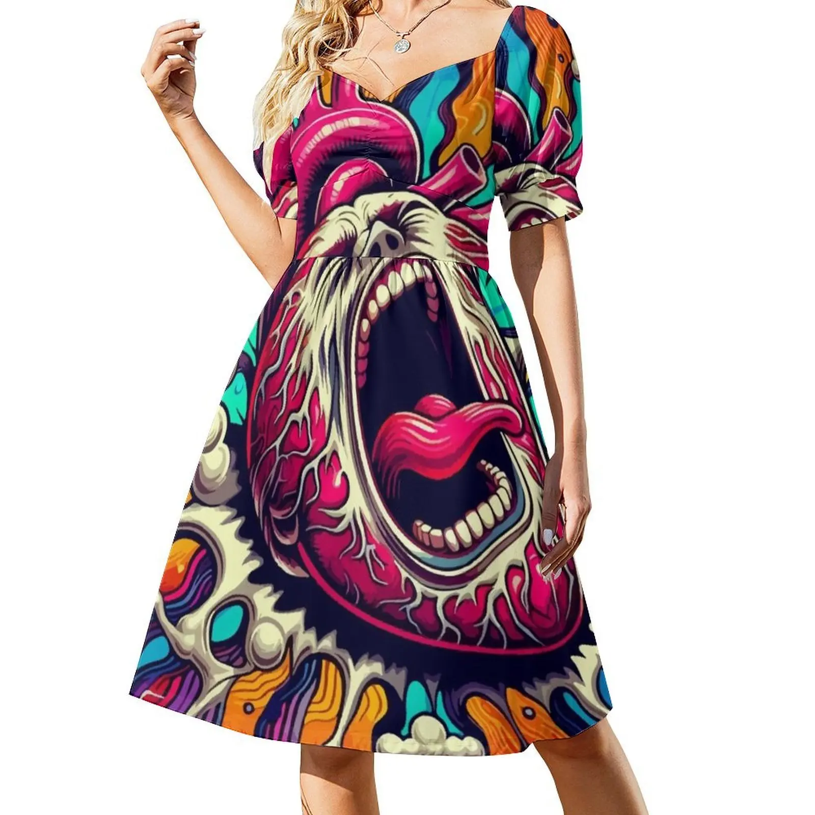 فستان The Heart That Screams للسيدات على طراز الهيب هوب ملابس الشارع مطبوعة برسومات جرافيكية للحفلات والنوادي على شكل قلب مكسور مفتوح الفم للنساء #2