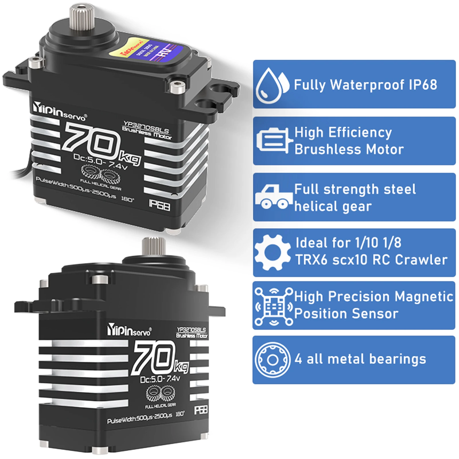 70 كجم أجهزة رقمية 8.4 فولت 180 درجة محرك سيرفو RC بدون فرش عالي الولادة IP68 ترس حلزوني فولاذي مع ذراع مؤازر 25T 1/8, 1/10 سيارة