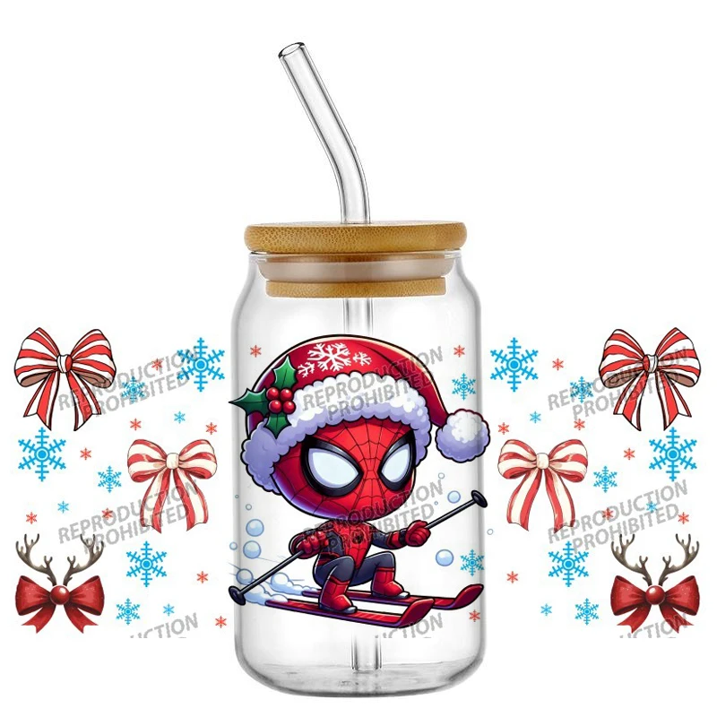 

New model Spider Christmas Man 16oz Libbey UV DTF Cup Wrap Transfer Custom Label DIY Logo Self adhesive Mug Decal Sticker