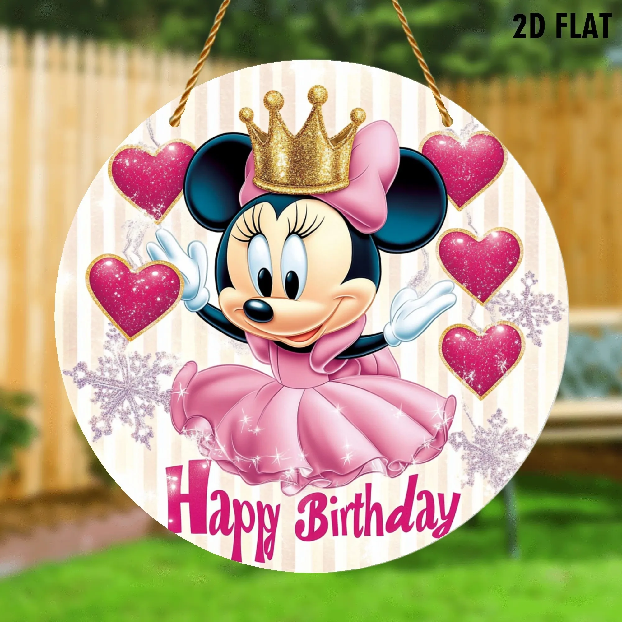 لافتة حائط أكريليك 2D مسطحة، قطعة واحدة من ديزني ميني ماوس - فستان وردي وتصميم تاج ذهبي، لا حاجة للكهرباء، ولادة عيد الحب