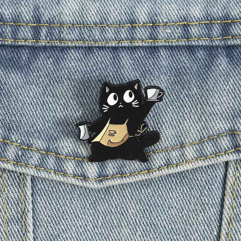 Barista Black Cat Enamel Pin Cartoon Cat Brooches Apron Animals Lapel Badge For Backpacks Bags Adorable Gift For friends view 5