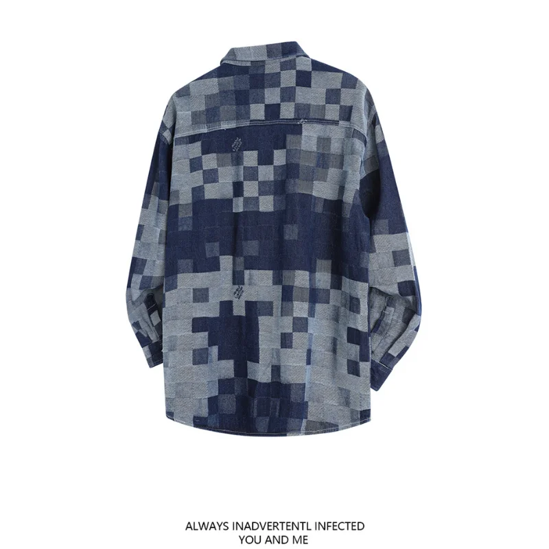 Plaid Long Sleeve Denim Shirt For Men