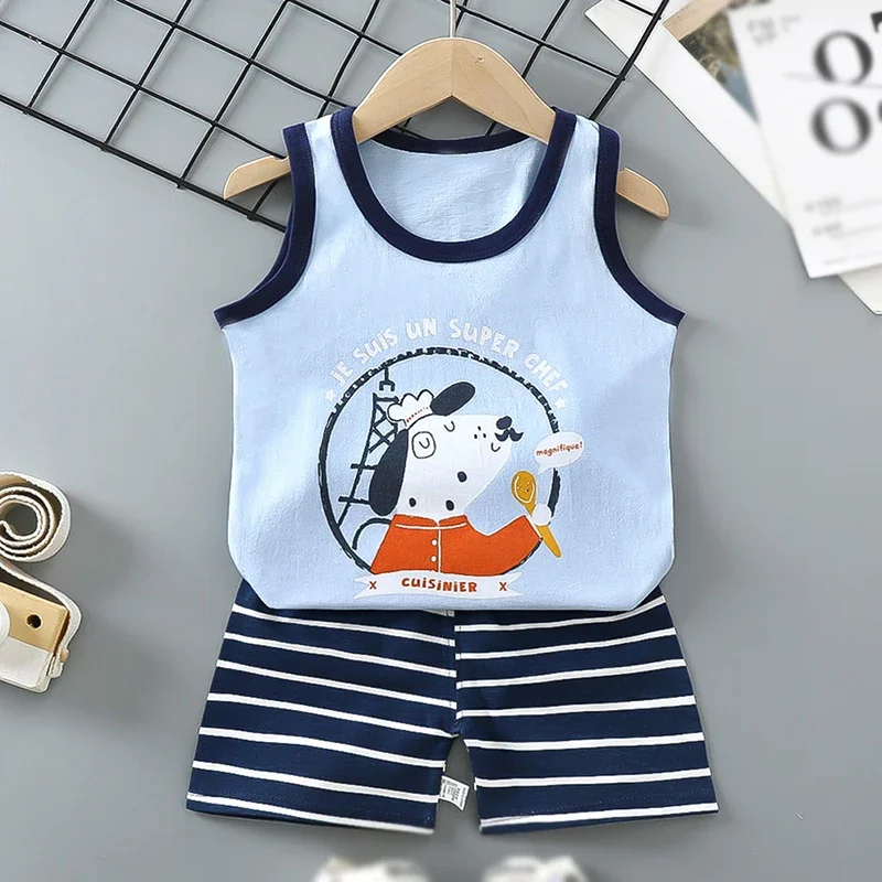 

Cartoon Bear Sleeveless T-shirts Shorts Sets for Baby Kids Boys Summer Cotton Soft Beach Schools Tops Shorts Sets for Child