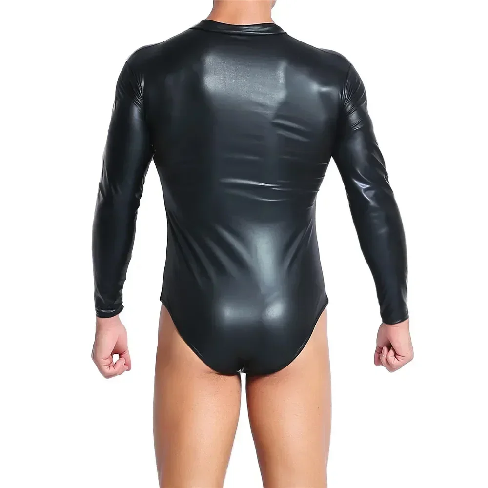 S-4XL Mens Bodysuit Zipper One-Piece Undershirts Wrestling Singlet PU Leather Jumpsuit Tight Catsuit Male Latex Leotard Clubwear