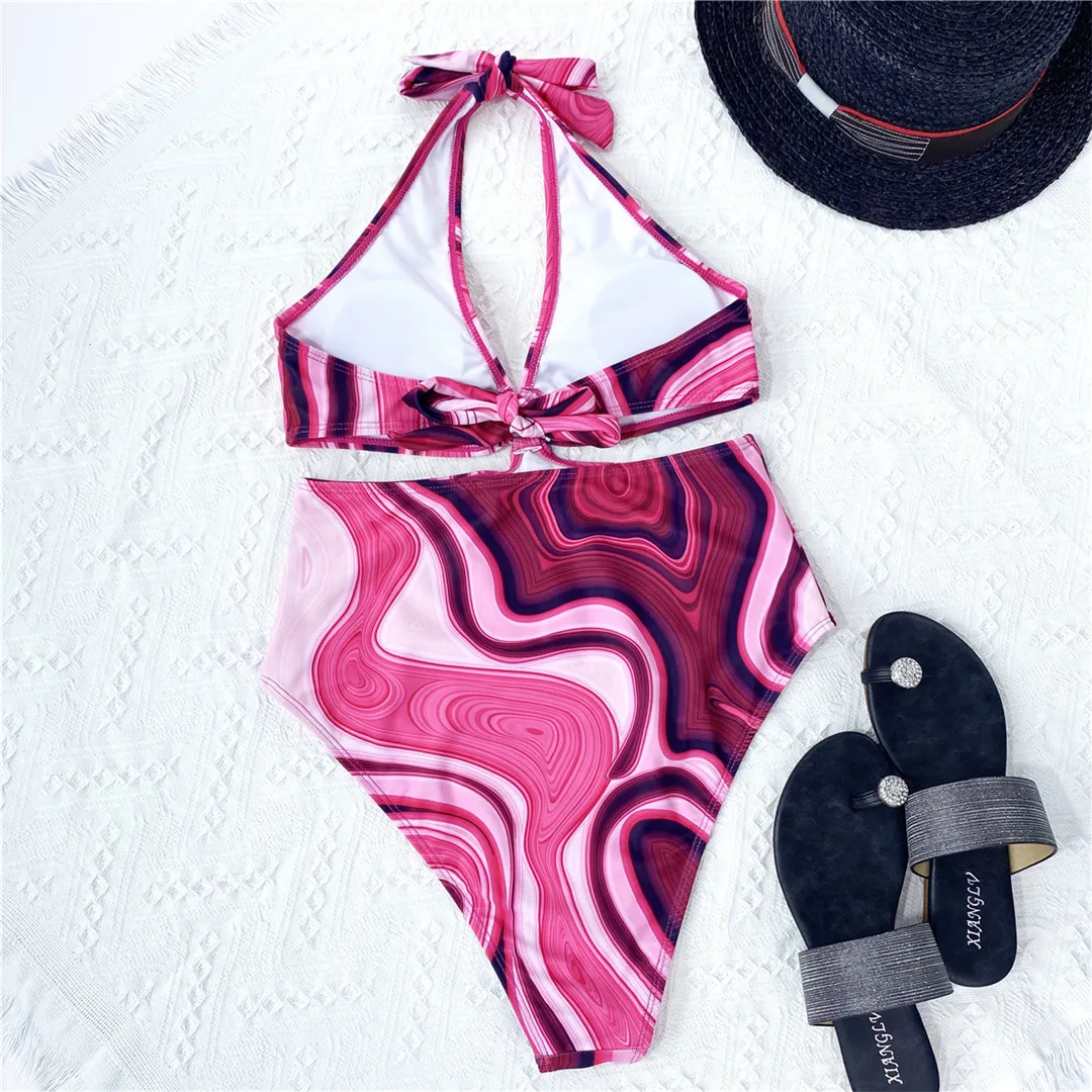 Sexy, farbenfroher, bedruckter Badeanzug mit Neckholder-Ausschnitt für Damen, einteiliger Badeanzug, hoch geschnittener Badeanzug, rückenfreier Monokini, V3157. – Detail 8