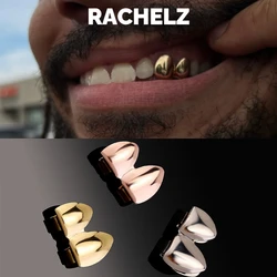 RACHELZ Hip Hop Double Glossy Teeth Grillz Gold Silver Color Tooth Caps Fangs Dental Grills For Women Men Jewelry Cosplay