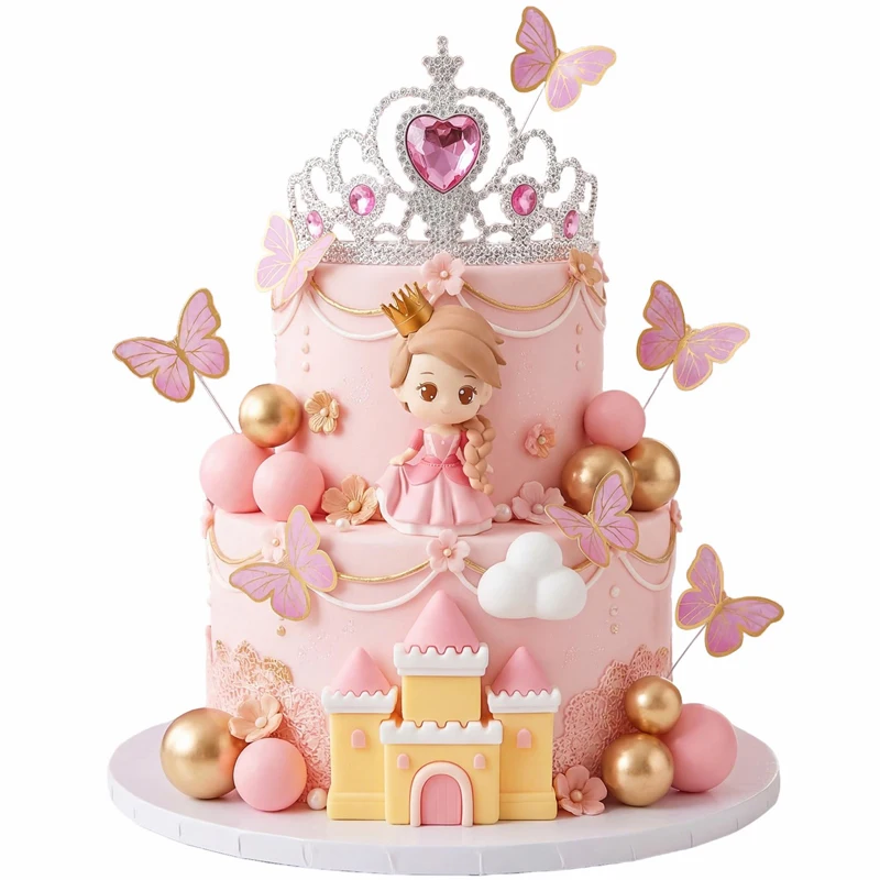 24pcs Princess Castle Cake Toppers Girls Birthday Party Decorations Princess Cake Decorations Crown Cake Topper Supplies