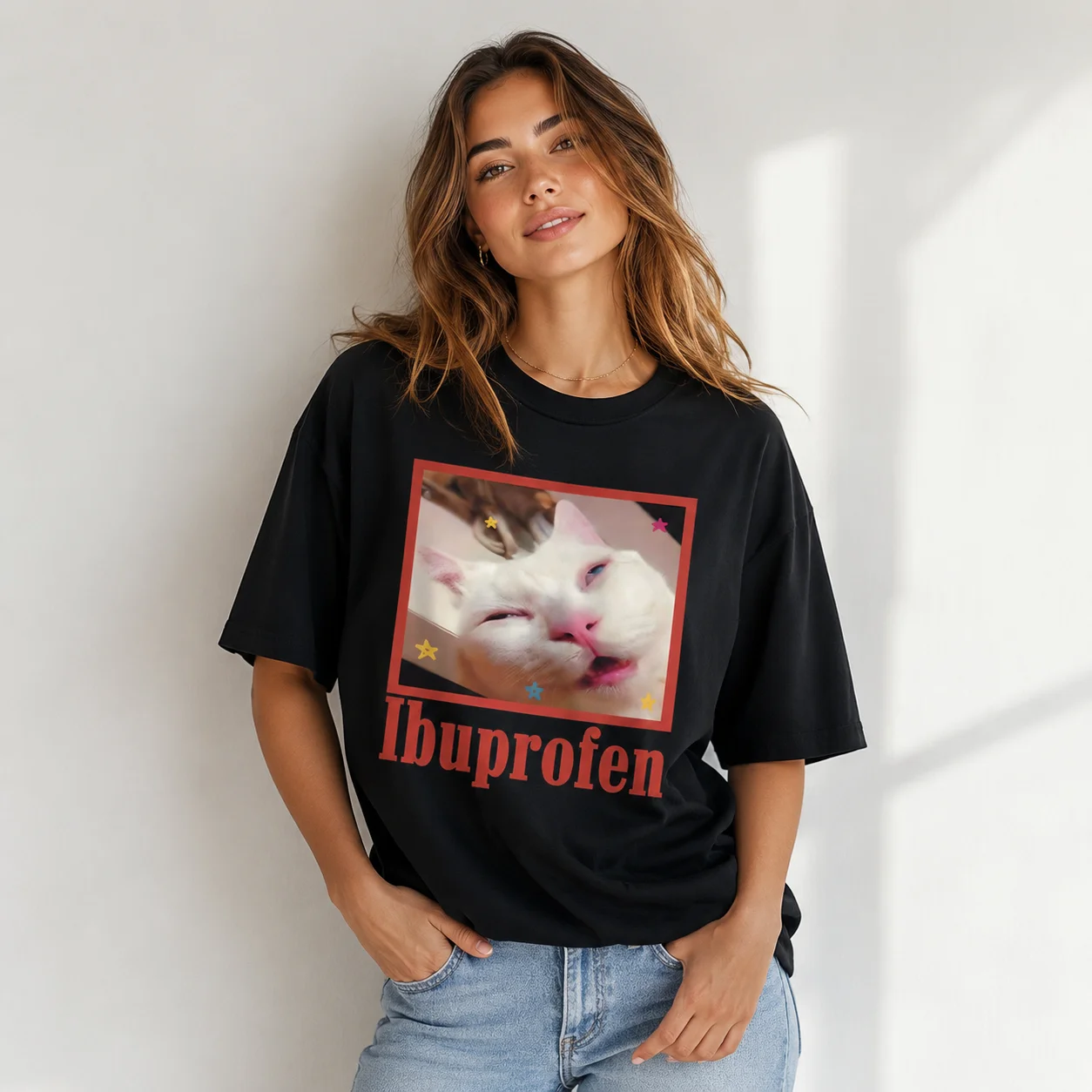 Ibuprofen Cat Model T-shirt Fun Cat Pattern T-shirt Cute Cat Lover Cotton T-shirt Casual Fun T-shirt Neutral Extra Large T-shirt