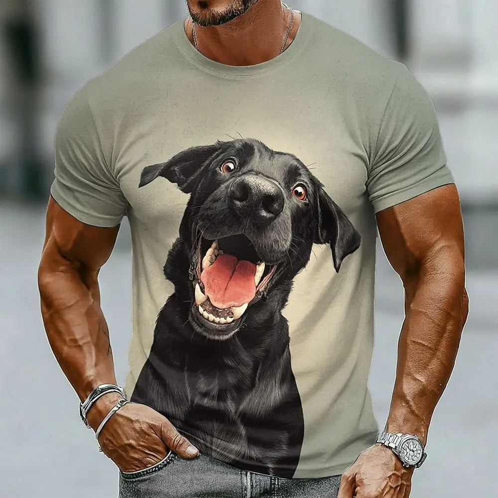 Men's 3D Angry Black Dog Print T-Shirt Realistic Animal Graphic Crew Neck Casual Streetwear Short Sleeve Tee for Spring & Summer