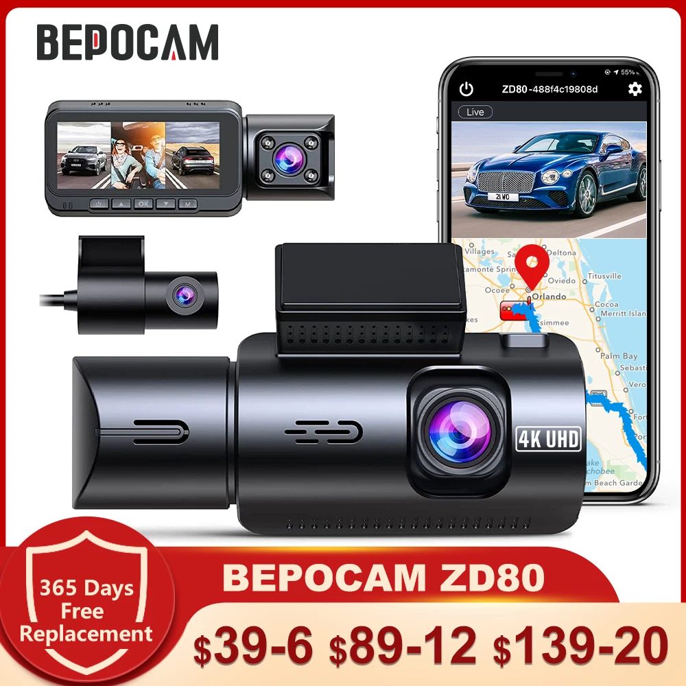 BEPOCAM ZD80 4K+1080P+1080P Dash Cam 3 Cameras Built-In GPS Tracker 5G WiFi Infrared Night Vision Car DVR Vehicle Dash Camera