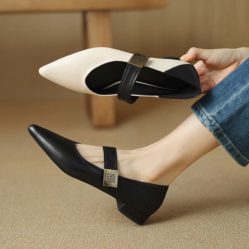 NEW Spring/Autumn Women Pumps Genuine Leather Shoes for Women Pointed Toe Low Heel Shoes Metal Buckle Mary Janes Handmade Shoes