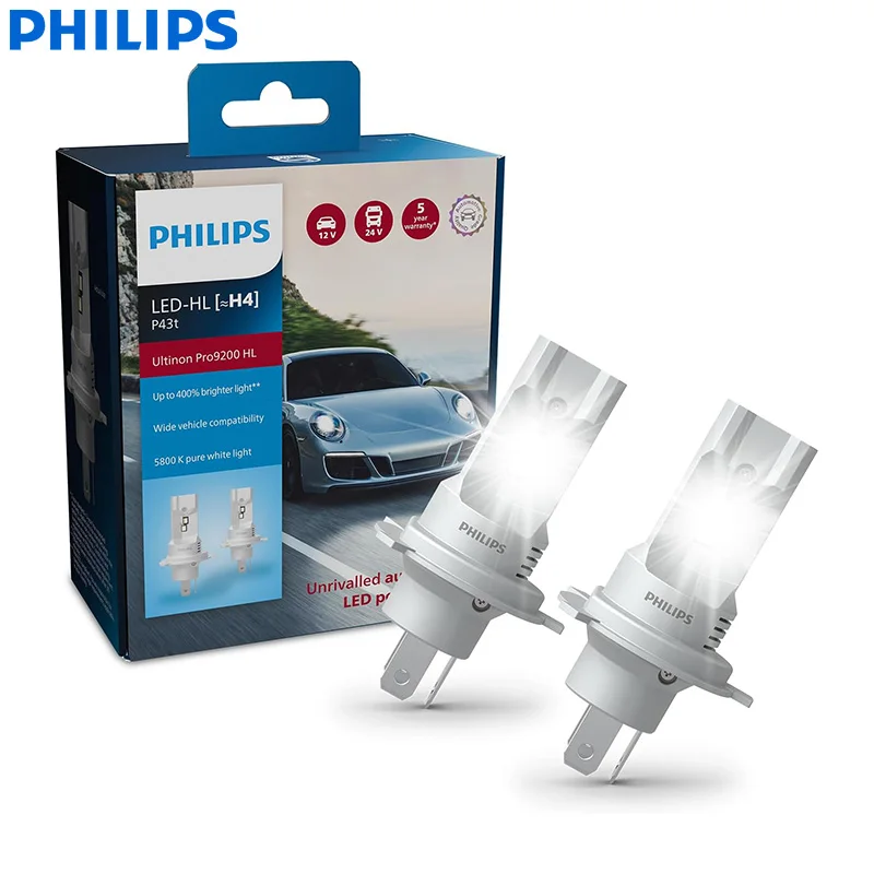 Philips Pro9200 LED H4 HB2 9003 Car Headlight P43t 12/24V Bulbs +400% Bright 5800K Power White Upgrade High Low Beam 11342U92X2