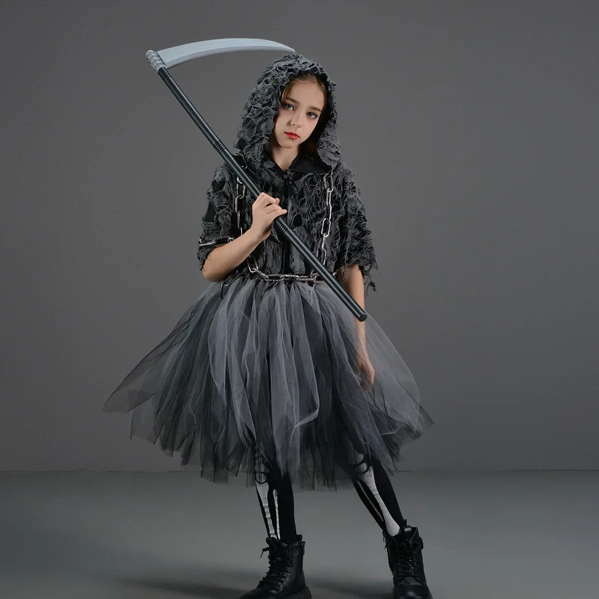 Kids Halloween Cosplay Scary Death Grim Reaper Costume Cosplay for Girls Child Tutu Dress + Cloak + Scythe Full Set 2-12Y Outfit view 4